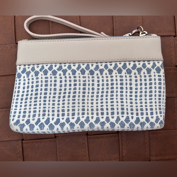 Spartina 449 Daufuskie Island Wristlet Canvas Leather Trim Purse Natural Linen - Picture 3 of 8